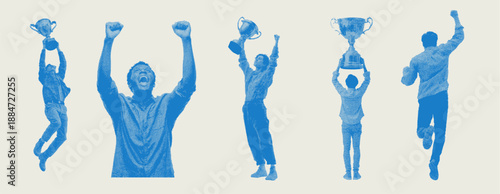 People celebrating success holding winner trophies in bold halftone graphic illustration