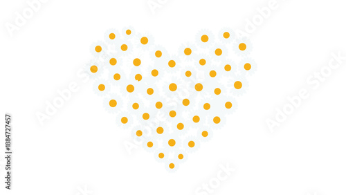A delightful heart shape intricately formed by numerous white daisies, each featuring a bright yellow center, symbolizing love and purity on a white background.