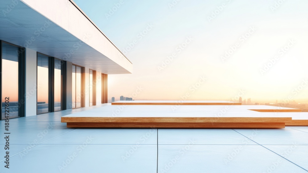 Obraz premium Modern terrace with minimalist design, panoramic city view, sunset light on glass facade, architectural photography, 3D render, luxury living, outdoor space