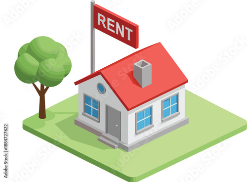 Isometric small house with red roof and blue windows on green grass with a tree and a large red rent sign isolated on white