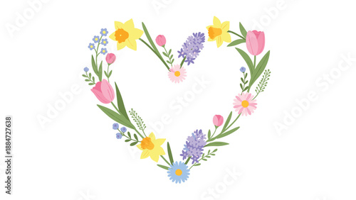 A beautiful heart-shaped wreath crafted from a diverse array of vibrant spring flowers and lush greenery, symbolizing love, renewal, and natural beauty.
