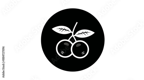 A black circle encloses white cherries with leaves and stem. The fruit has dark dots inside