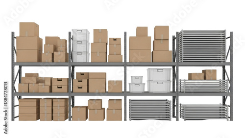 Warehouse storage shelves filled with various cardboard boxes and containers, organized for inventory.