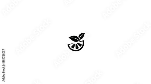 A simple black and white vector illustration of a citrus wedge with leaves above it, centered on a white background