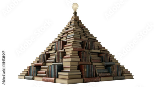 A pyramid of books with a lightbulb on top, symbolizing knowledge and ideas.