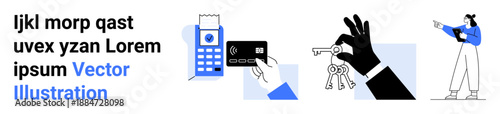 Mobile payment terminal, hand holding key, and woman pointing with tablet. Ideal for technology, payment, security, navigation, business, digital solutions simple landing page