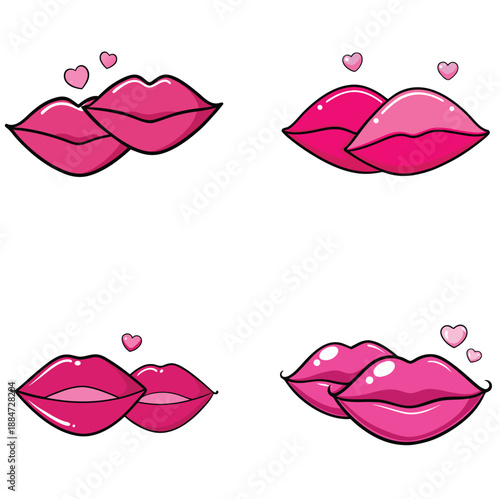 Romantic Pink Lips Couple Icons with Floating Hearts