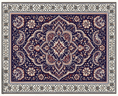 This rectangular decorative textile design features a refined monochrome ornamental border with repeating floral and diamond motifs, framing a richly detailed Multani art–inspired center. The interior