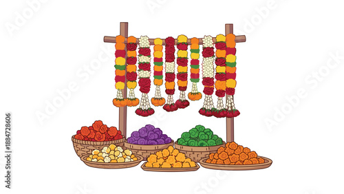 A vibrant market stall brimming with colorful floral garlands and an enticing assortment of traditional Indian sweets, prepared for a festive celebration.