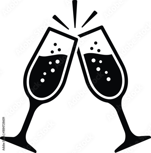 Black and white illustration of two champagne glasses clinking, celebration