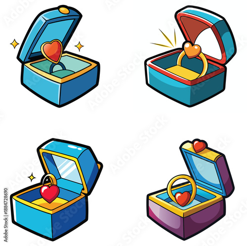 Diamond Engagement Ring and Jewelry Box Icon Set