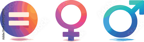 Equality Symbolic Icons. Balanced social harmony visualized through confident flat geometry, three symbolic icons arranged