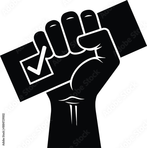 Black fist holding checkbox with checkmark, symbolizing empowerment and confirmation