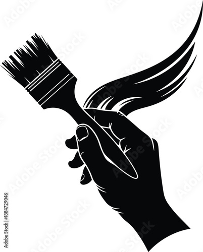 Black silhouette hand holding paintbrush with flying bristles isolated on white background