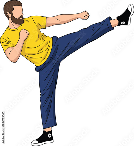 Flat vector illustration of a bearded man in a yellow t-shirt and blue pants performing a high martial arts kick isolated on white.