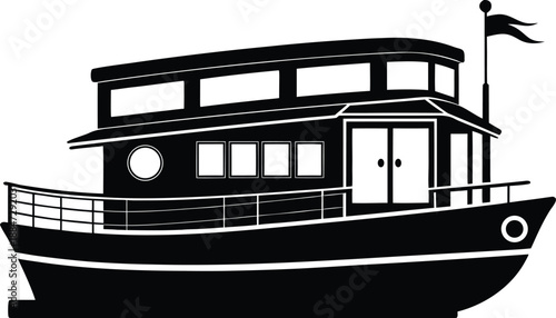 Houseboat  silhouette, minimal boat sketch, watercraft line art, floating home silhouette, single stroke illustration