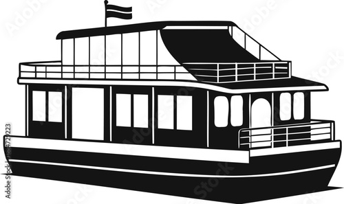 Houseboat  silhouette, minimal boat sketch, watercraft line art, floating home silhouette, single stroke illustration