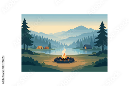 Flat vector background illustration of quiet mountain campground with small campfire ring silhouette and foggy pines style clean 2D shapes no outlines minimal details matte colors layered