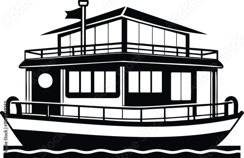 Houseboat  silhouette, minimal boat sketch, watercraft line art, floating home silhouette, single stroke illustration