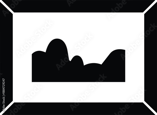 Minimalist mountain range silhouette in white frame, black background, geometric lines