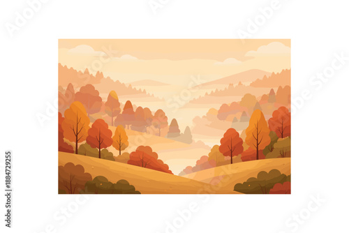 Flat vector background illustration of calm autumn hillside with simplified trees and soft fog layer style clean 2D shapes no outlines minimal details matte colors layered depth gentle
