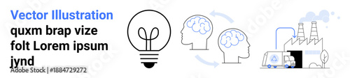 Innovation, sustainability, technology, manufacturing, brainstorming, industry solutions. Light bulb, human brains factory icon interconnected ideas. Innovation and sustainability concept