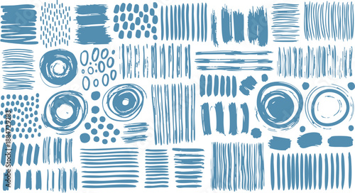 bundle of different ink brush strokes rectangle, square and round freehand drawings. Ink splatters, grungy painted lines, artistic design, waves, circles, triangles. Vector paintbrush set