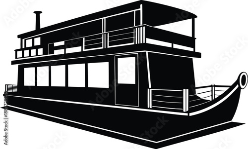 Houseboat  silhouette, minimal boat sketch, watercraft line art, floating home silhouette, single stroke illustration
