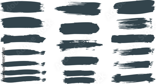 Brush strokes, black ink lines, vector abstract set with paint brush grunge texture on white background. Paintbrush strokes and ink smear stains