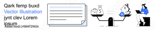 Financial budgeting, home ownership, remote work, career planning, lifestyle balance, digital tools. Scales balancing money and a home on one side, laptop user on the other. Financial budgeting
