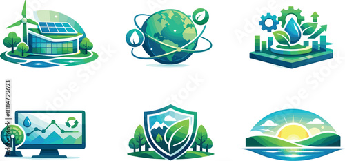 Environmental Ecosystem Illustration. End-to-end environmental protection ecosystem illustration showcasing long-term planetary