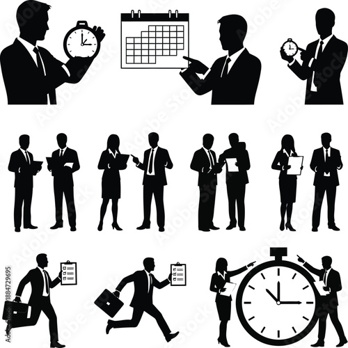 Business professionals interacting with time and documents in various office settings