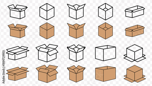 Collection of cardboard box icons in various open and closed states and perspectives packaging container