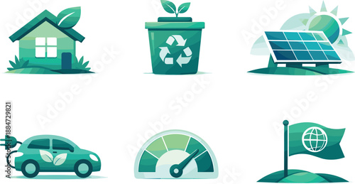 Sustainable Symbolic Arrangement. Ethical sustainability composition expressing mindful environmental choices, six symbolic