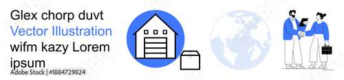 Warehousing, global trade, e-commerce, logistics, teamwork, corporate partnership. A warehouse icon, globe and business professionals shaking hands. Warehousing and global trade concept