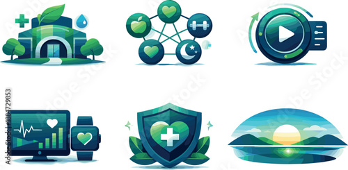Healthy Living Ecosystem. End-to-end healthy living ecosystem illustration showcasing long-term wellbeing, six symbolic objects