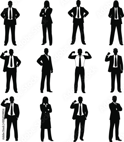 Silhouettes of business professionals in various poses on a white background from a straight-on viewpoint
