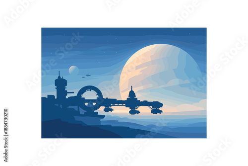 Flat vector background illustration of quiet space station silhouette with docking arms near softly lit planet style clean 2D shapes no outlines minimal details matte colors layered depth