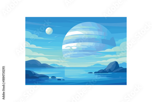 Flat vector background illustration of peaceful alien ocean planet view with cloud bands and small moon style clean 2D shapes no outlines minimal details matte colors layered depth gentle