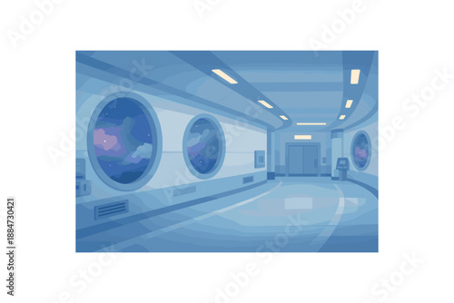 Flat vector background illustration of calm orbital station interior hallway with round showing space haze style clean 2D shapes no outlines minimal details matte colors layered depth