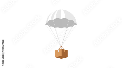 A beige cardboard box is suspended mid-air by a large white parachute, gracefully descending, symbolizing air delivery, package drop, or emergency supply.