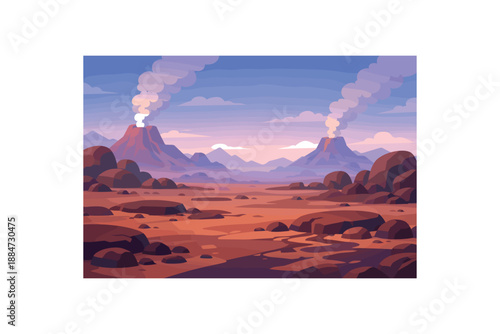 Flat vector background illustration of quiet alien volcanic plain with rounded lava rock silhouettes and distant smoke haze style clean 2D shapes no outlines minimal details matte colors