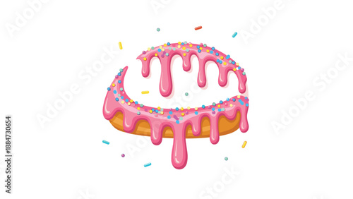 A deliciously vibrant donut, halved and showcasing rich pink frosting dramatically dripping down, generously adorned with an array of colorful sprinkles, isolated on white.