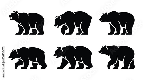 Bear silhouettes vector collection isolated on white background, wild animal shapes for nature and wildlife design