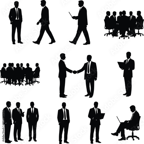 Business professionals interacting in various office settings and collaborative environments from different viewpoints