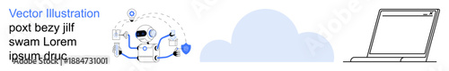 Cloud storage, artificial intelligence, data transfer, digital communication, technology integration, automation. A robot interacts with cloud data and a laptop is . Cloud storage and AI concepts