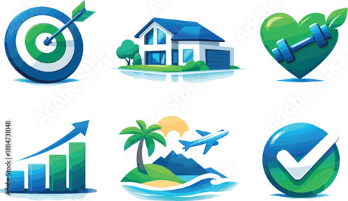 Vision Board Collage. Aspirational collage scene illustrating vision board concept, six symbolic objects arranged in two