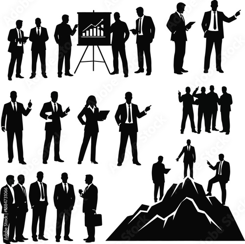 Business professionals in various poses and actions standing on mountain peaks and presenting on easel displays