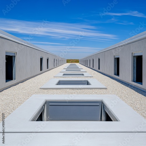 Symmetry Two long concrete buildings with skylights create a vanishing point perspective under a clear blue sky. Architecture, Symmetry, Minimalism