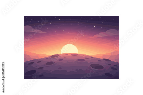 Flat vector background illustration of quiet space sunset behind cratered moon ridge with distant stars style clean 2D shapes no outlines minimal details matte colors layered depth gentle